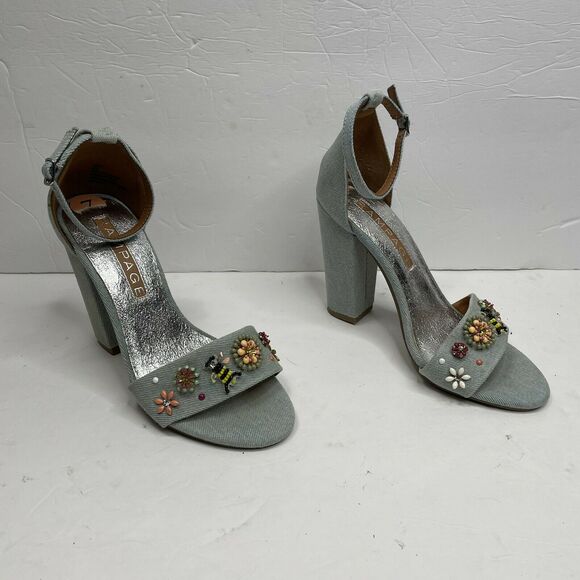 Rampage Skye Denim Bee Flower Embellished Ankle Strap Sandal Heels Size 7 - Picture 2 of 9